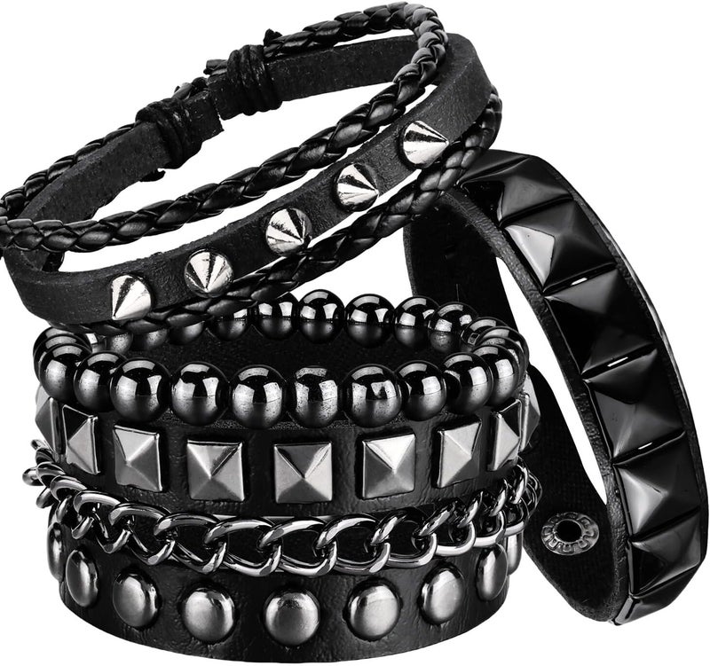 Ulekuke Store 4 Pcs Punk Rock Leather Studded Bracelets for Men Women 80s Gothic Spike Cuff Bracelet Set Emo Accessories for Rocker Outfits - Image 1